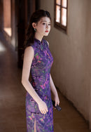 Purple Butterfly-Print Modern Qipao Midi | Sleeveless Mandarin Neck