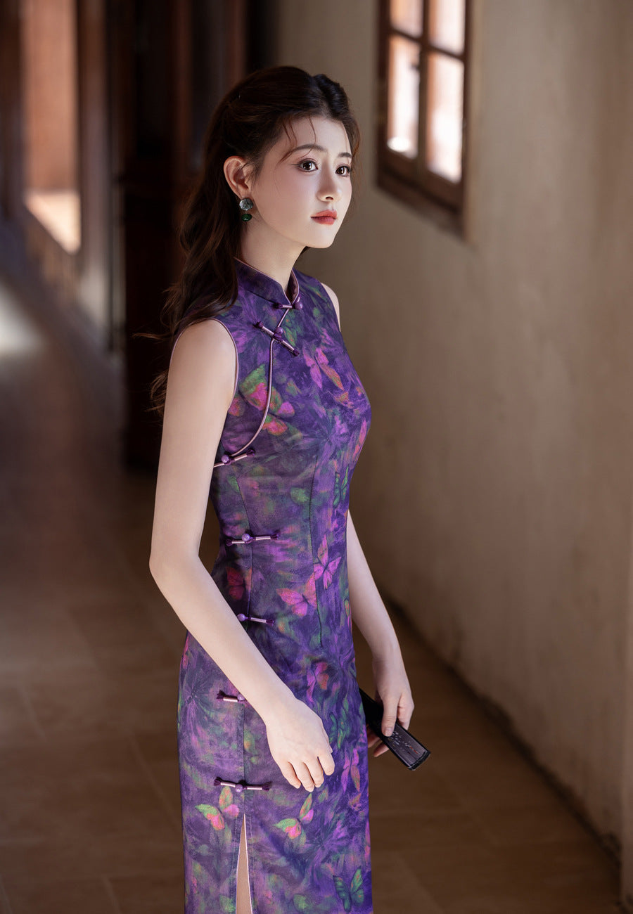 Purple Butterfly-Print Modern Qipao Midi | Sleeveless Mandarin Neck