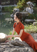 Vintage Brick-Red Slim Cheongsam | Mandarin Collar Diagonal Placket Frog Buttons