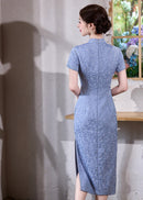 Vintage Blue Qipao Dress | Short-Sleeve Mandarin Collar Slim Maxi with Side Slits