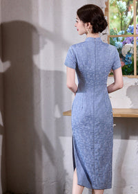 Vintage Blue Qipao Dress | Short-Sleeve Mandarin Collar Slim Maxi with Side Slits