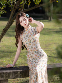 Ivory Floral Sleeveless Slim Long Qipao Dress | Mandarin Collar Frog Buttons Side Slit New Chinese Vintage Style