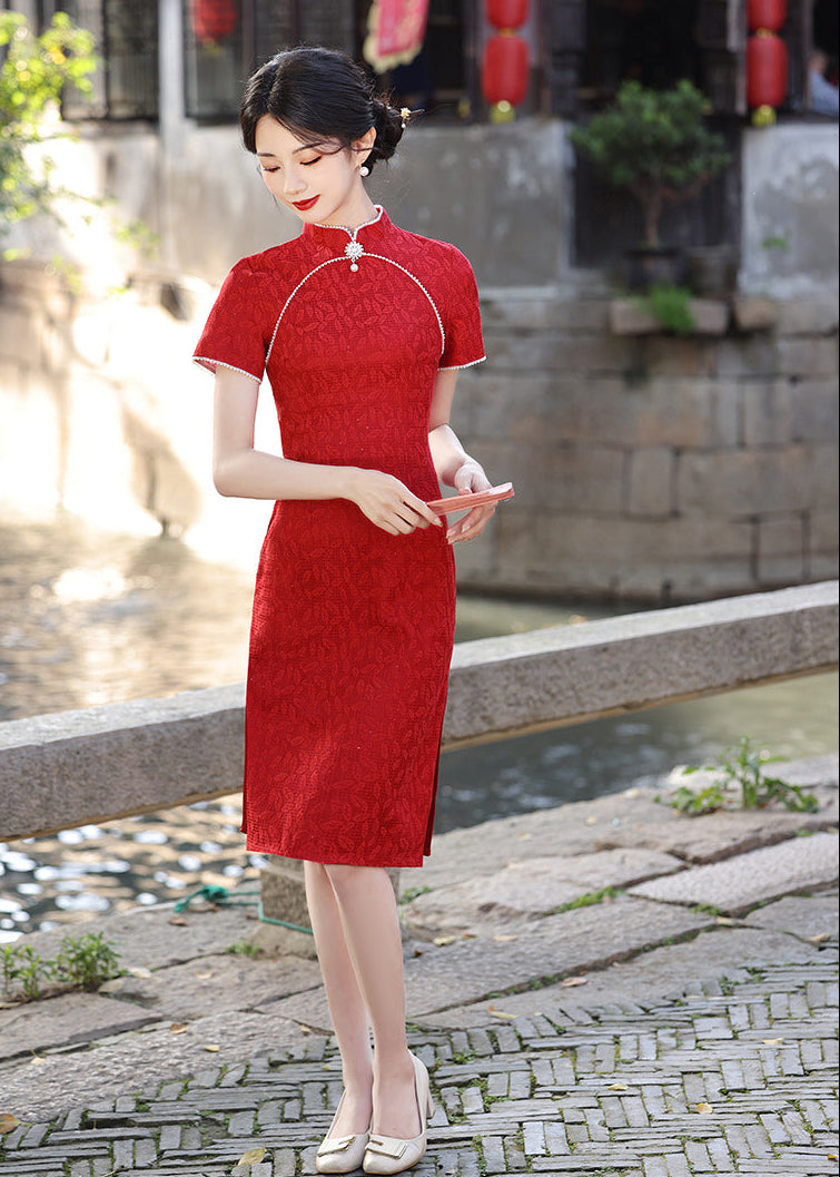 Vintage Red Lace Qipao Dress | Pearl Trim Mandarin Collar Slim Midi Cheongsam