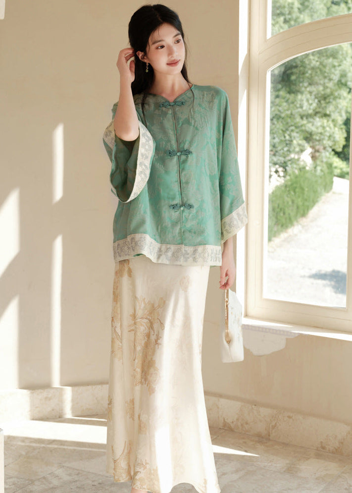 Modern Chinese Set | Brocade Frog-Button Cape Top & Maxi Skirt