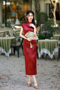 Wine Red Jacquard Satin Qipao Dress | Mandarin Collar Slim Split Cheongsam Evening Gown