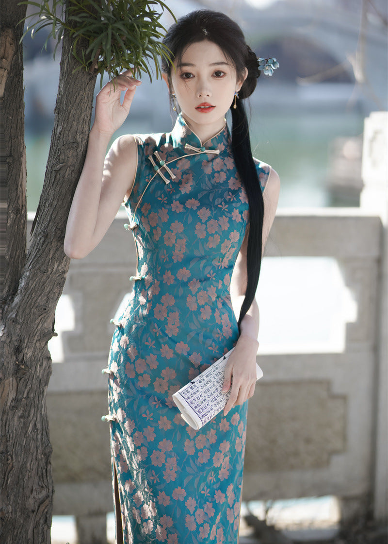 Peacock-Blue Vintage Jacquard Sleeveless Qipao | Slim Long Dress with Mandarin Collar, Frog Buttons & Side Slit