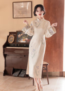 Ivory Vintage Jacquard Qipao with Lantern Sleeves