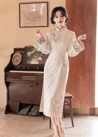 Ivory Vintage Jacquard Qipao with Lantern Sleeves