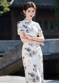Ink-Wash Floral Qipao | Short-Sleeve Slim Mandarin-Collar Gown