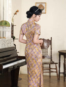 Vintage Checkered Qipao Long Dress | Golden-Violet Gradient Plaid