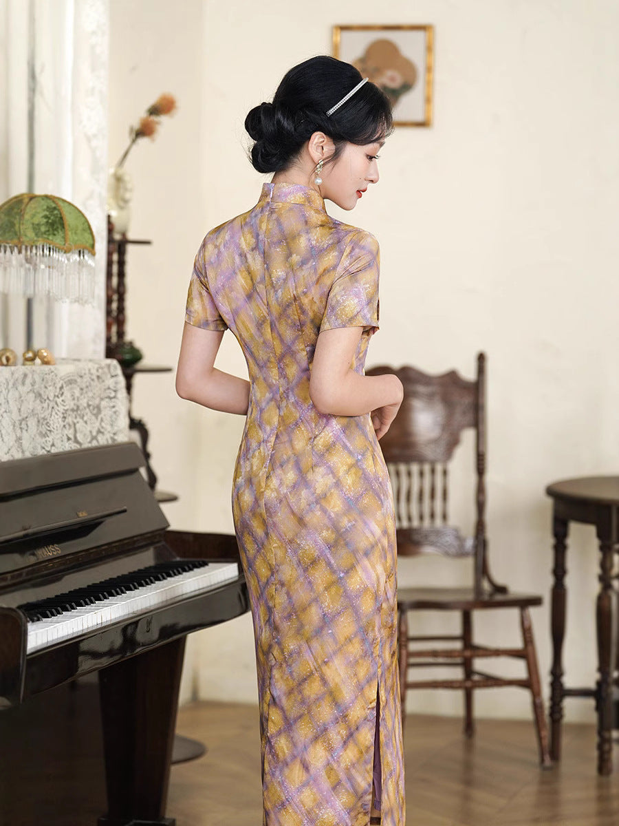 Vintage Checkered Qipao Long Dress | Golden-Violet Gradient Plaid