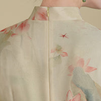 Mint-Green Watercolor Lotus Qipao Midi | Mandarin Short Sleeves