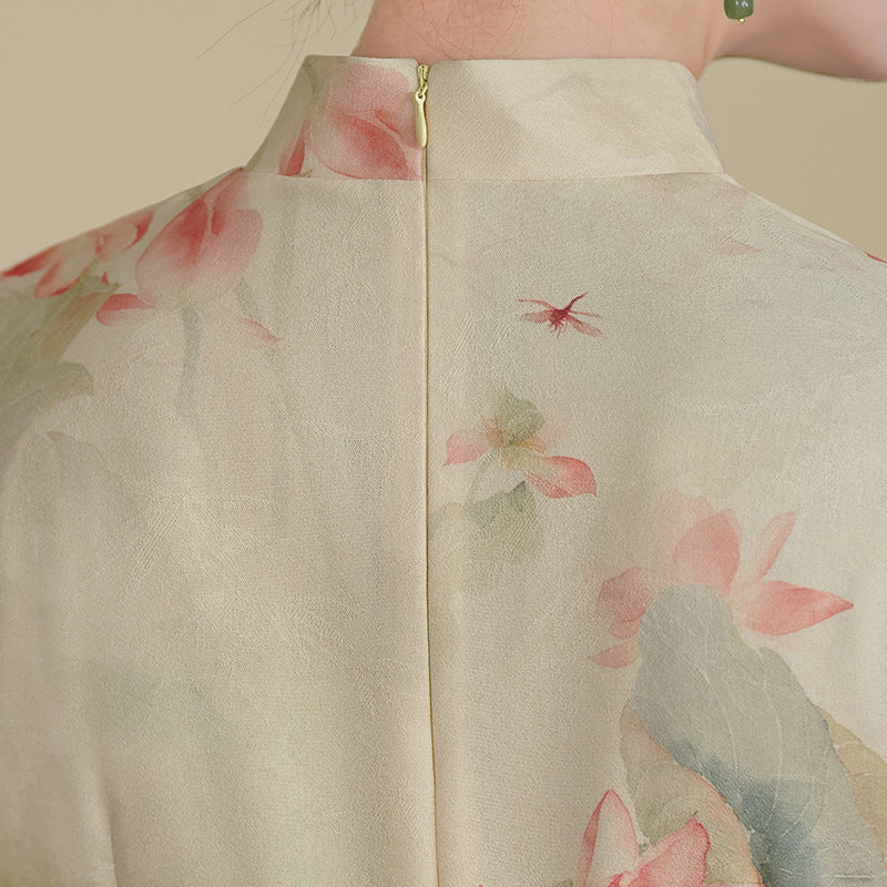 Mint-Green Watercolor Lotus Qipao Midi | Mandarin Short Sleeves