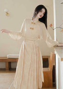 Cream Jacquard Mamian Skirt Set | Mandarin-Collar Puff-Sleeve Top