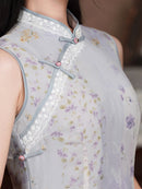 Dusty Grey Lilac Floral Jacquard Sleeveless Qipao Dress | Slim Mandarin Collar Cheongsam Midi for Tea Party