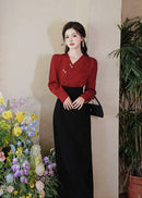 Modern Chinese Two-Piece Set – Red Pleated Top with Frog Buttons | High-Waist Straight Maxi Skirt