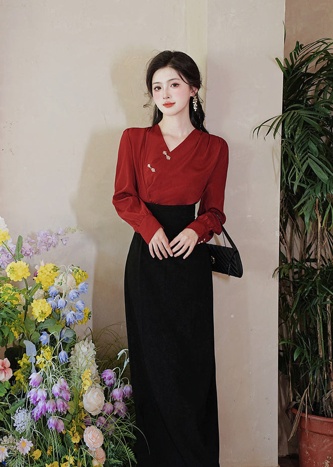 Modern Chinese Two-Piece Set – Red Pleated Top with Frog Buttons | High-Waist Straight Maxi Skirt