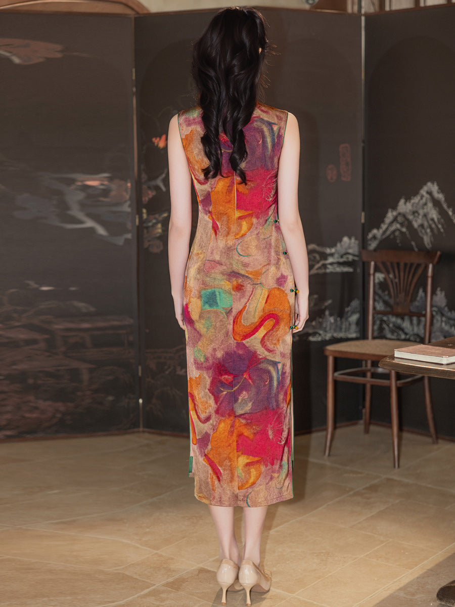 Retro Orange Sleeveless Qipao Dress | Mandarin Collar Slim Midi Cheongsam