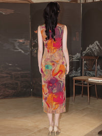 Retro Orange Sleeveless Qipao Dress | Mandarin Collar Slim Midi Cheongsam