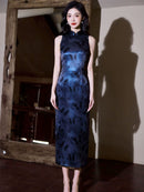 Navy Blue Butterfly Jacquard Satin Qipao Dress Modern Chinese Sleeveless Mandarin Collar Evening Gown