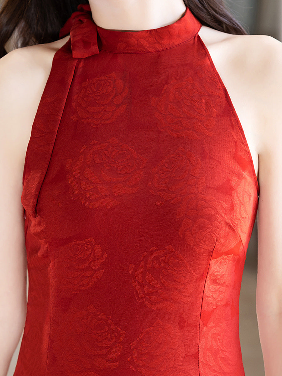 Elegant Red Halter Neck Qipao Dress | New Chinese Slim Jacquard Evening Gown with Tie Scarf