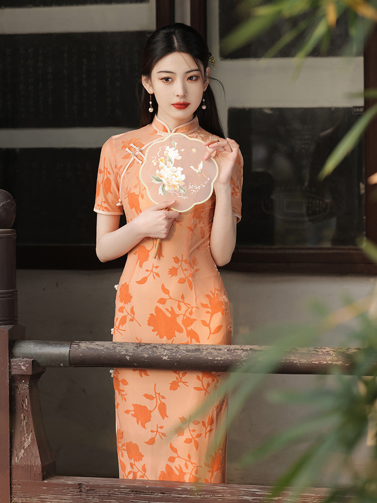 Peach Pink Orange Floral Qipao Dress Slim Fit High Neck Mesh Panel Short Sleeve Side Slit Maxi