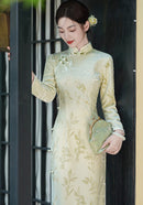 Vintage Long-Sleeve Daily Qipao | Mandarin Collar, Side Placket & Slit Gown