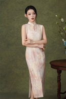 Pink Floral Sleeveless Velvet Qipao Dress | Slim Mandarin Maxi