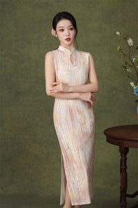 Pink Floral Sleeveless Velvet Qipao Dress | Slim Mandarin Maxi