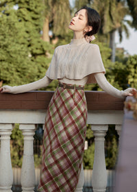 High-Waist Plaid Wool Skirt Set | Two Knit Tops Options