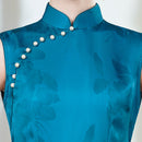 Peacock-Blue New-Chinese Qipao Dress | Sleeveless Mandarin Collar