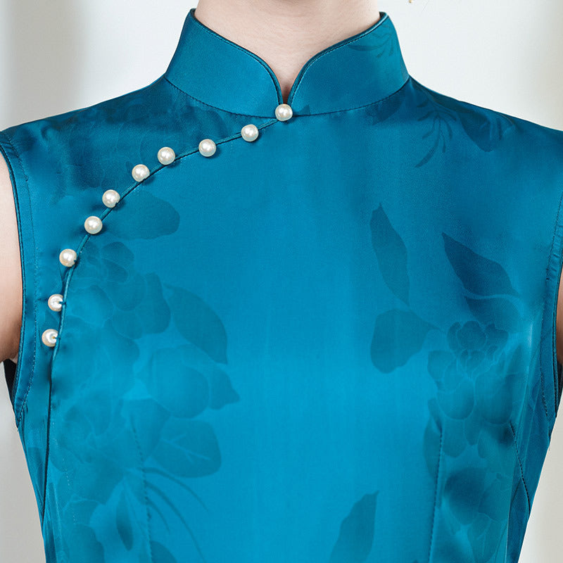 Peacock-Blue New-Chinese Qipao Dress | Sleeveless Mandarin Collar