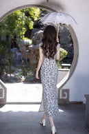 Vintage Floral Qipao Sleeveless Long Dress | Cool Grey-Black Leaf Motif