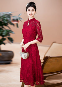 Red Plus Size Lace Mother Dress | Mandarin-Collar Tea-Length Gown