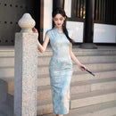 Green Floral Silk Mandarin Collar Qipao | Elegant Slim-fit Banquet Dress