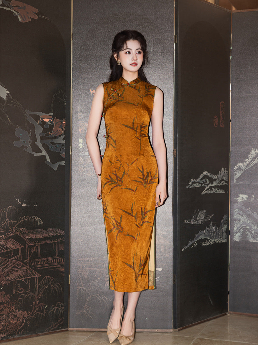 Amber Orange Bamboo Print Sleeveless Qipao Dress | Mandarin Collar Slim Midi Cheongsam