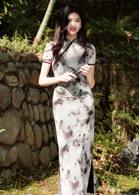 Ink-Wash Modern Qipao Midi | Short Sleeves & Black-Grey