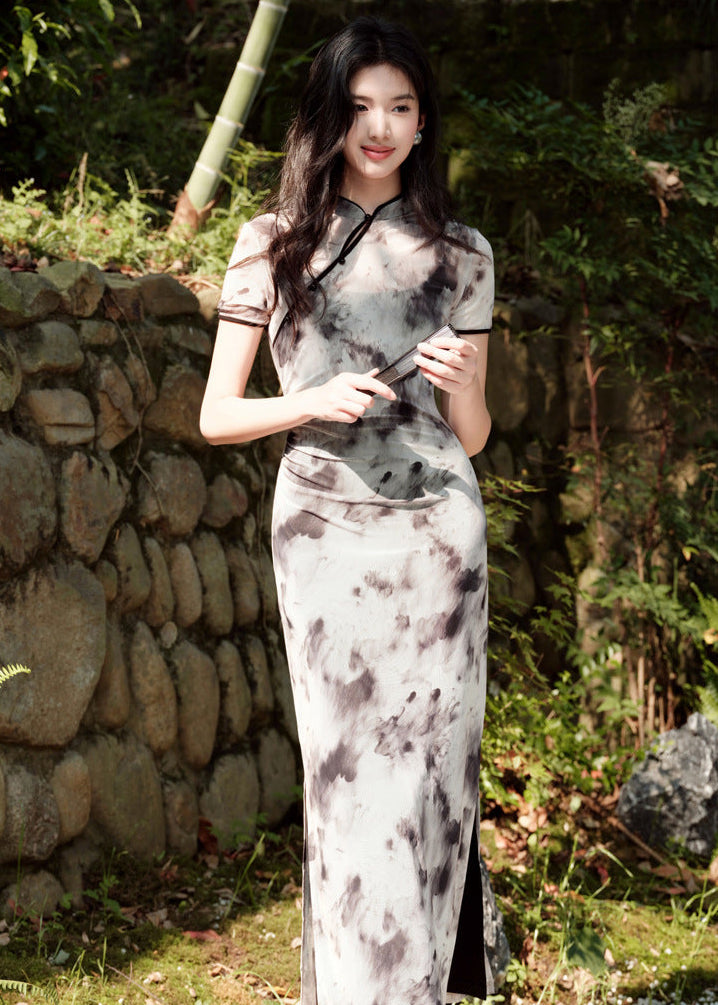 Ink-Wash Modern Qipao Midi | Short Sleeves & Black-Grey