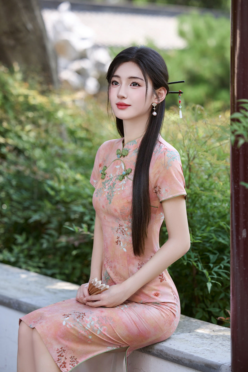 Peach Floral Short Qipao Dress for Women | Green Piping Frog Buttons Mandarin Collar Slim Fit