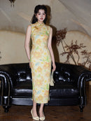 Yellow Vintage Floral Sleeveless Qipao Dress | Mandarin Collar Slim Midi Cheongsam