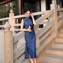 Deep Navy Minimalist Sleeveless Qipao Dress | Mandarin Collar Slim Maxi Cheongsam