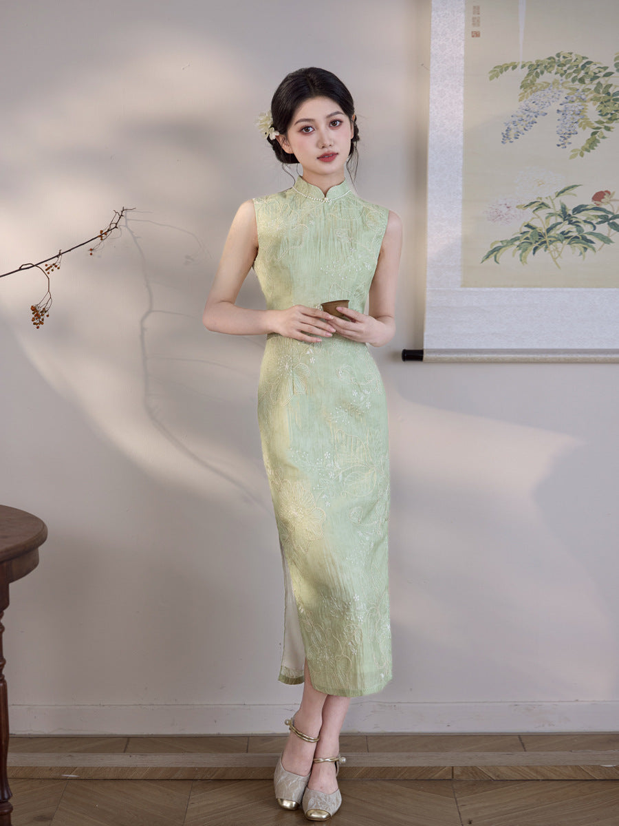 Mint Green Tonal Jacquard Sleeveless Qipao Maxi Dress | Mandarin Collar Slim Slit Cheongsam