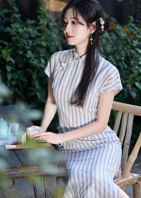 Ivory-Grey Striped Qipao Maxi Dress | Mandarin Collar & Frog Buttons