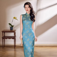 Peacock Blue Geometric Jacquard Sleeveless Qipao Maxi Dress | Mandarin Collar Slim Slit Cheongsam
