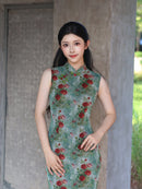 Green Rose Floral Print Sleeveless Mesh Qipao Dress|Slim Mandarin Midi Cheongsam