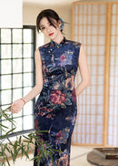 Blue Printed Sleeveless Qipao | Mandarin-Collar Slim Maxi with Side Slit for Banquets & Weddings