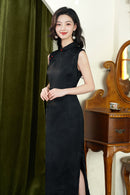 Vintage Black Double-Layer Jacquard Cheongsam Dress | Sleeveless