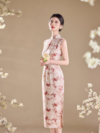 Butterfly Floral Print Sleeveless Qipao Maxi Dress | Mandarin Collar Slim Slit Cheongsam