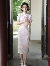 Light Pink Floral Print Qipao Dress | Short Sleeve Midi Look