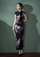 Black Silk Floral Qipao Dress | Slim-Fit Long Mandarin